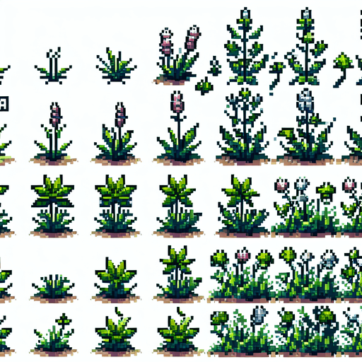 pixel art of a garden weed. Growth sprite sheet.
In-Game asset. 2d. Blank background. High contrast. No shadows.