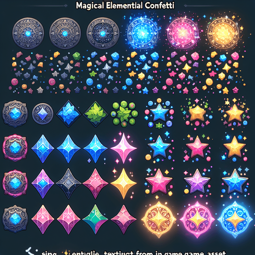 Magical elemental confetti.
Single Game Texture. In-Game asset. 2d. Blank background. High contrast. No shadows.