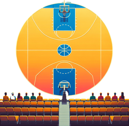 Basketball court facing to the benches. No players are present. Colors are show..
Single Game Texture. In-Game asset. 2d. Blank background. High contrast. No shadows.