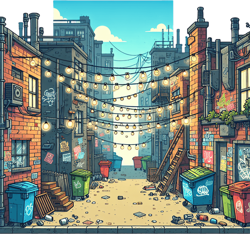 Create a cartoon-style  illustration of a back alley. The goal is to capture a lively and playful location. No skies..
Single Game Texture. In-Game asset. 2d. Blank background. High contrast. No shadows.