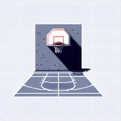 Basketball court. One basketball hoop with background and net is shown. Facing downcourt. 8-Bit style..
Single Game Texture. In-Game asset. 2d. Blank background. High contrast. No shadows.