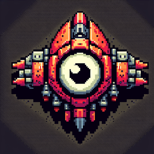 65604d9e9017209915d71b35: Top down shooter, alien space enemy craft, retro pixel art, red flying space alien, giant eye ball
Single Game Texture. In-Game asset. 2d. Blank background. High contrast. No shadows.