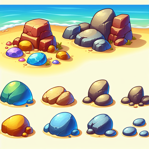 Create a cartoon-style illustration of beach rocks. The goal is to capture a lively and playful location.
Single Game Texture. In-Game asset. 2d. Blank background. High contrast. No shadows.