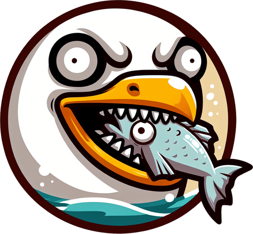 create a cartoon-style illustration of a seagul's face chomping down on a fish make it comical..
Single Game Texture. In-Game asset. 2d. Blank background. High contrast. No shadows.