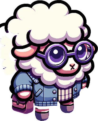 make a sheep wearing round purple glasses a jacket and a bag.
Single Game Texture. In-Game asset. 2d. Blank background. medium contrast. No shadows. cartoony. birdside view. full body. not facing the camera