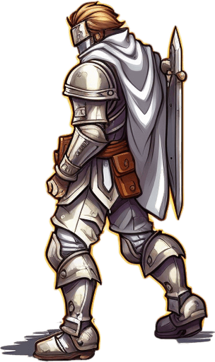 Heroic knight walking to the right.
Game Texture. In-Game asset. 2d. Pixelart. White background. Blank background. Low detail. High contrast.