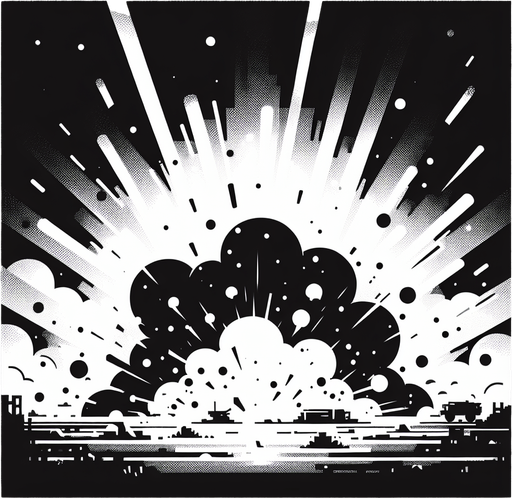 explosion, black and white.
Single Game Texture. In-Game asset. 2d. Blank background. High contrast. No shadows.