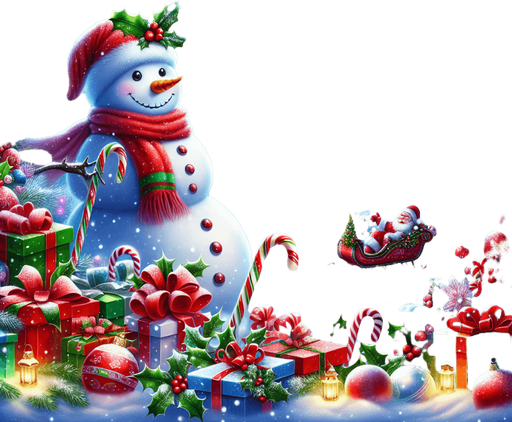 a feeric christmas landscape at night with a snow man , candy canes ,holly leafs and snow flakes, Santa's reindeers, green, red and blue presents Background image