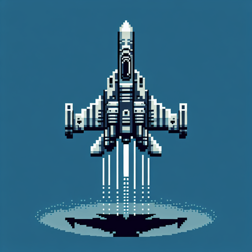 a pixelated plane pointed at 0 degrees from the game space shooter.
Single Game Texture. In-Game asset. 1d. Blank background. High contrast. No shadows.