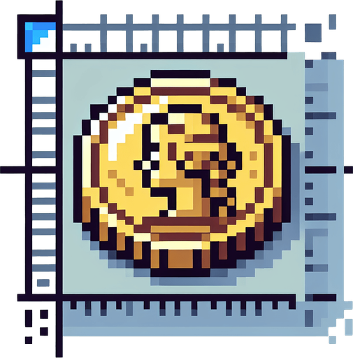 Pixel art coin for platform computer game.
Single Game Texture. In-Game asset. 2d. Blank background. High contrast. No shadows.