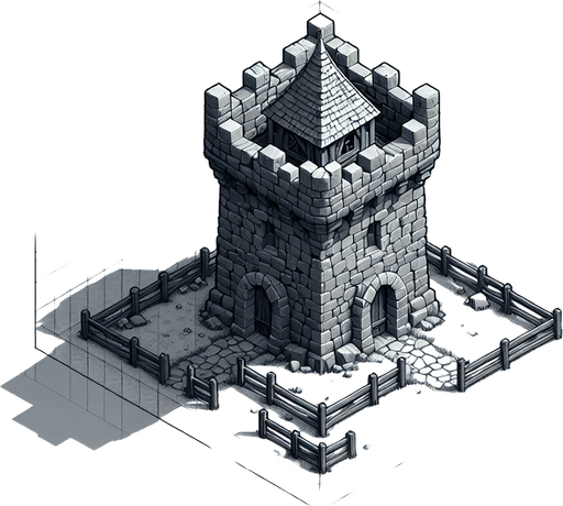 a medieval style stone tower. top down view. Single Game Texture. In-Game asset. 2d. Blank background. High contrast. No shadows.