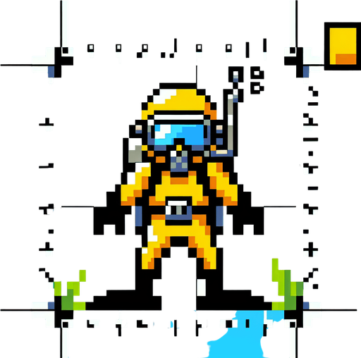 8-bit. cartoon. scubadiver. yellow. oldschool..
Single Game Texture. In-Game asset. 2d. Blank background. High contrast. No shadows.