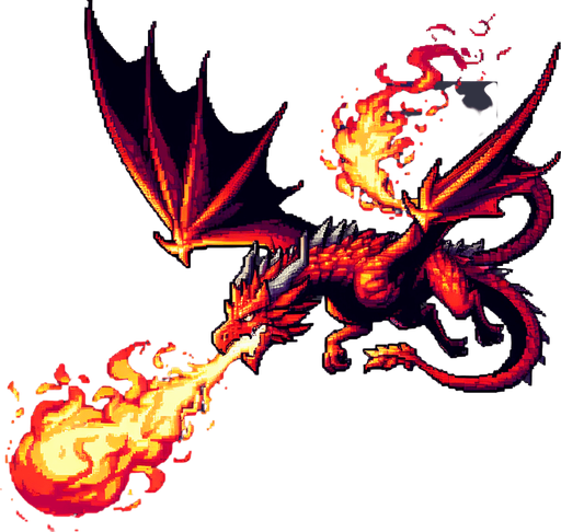 A flying red dragon breathing fire. side view. enemy character in a game. pixelart..
Single Game Texture. In-Game asset. 2d. Blank background. High contrast. No shadows.