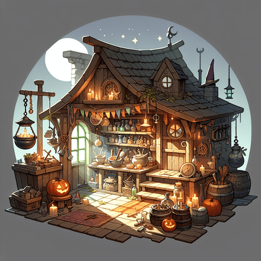 atelier de sorciere.
Single Game Texture. In-Game asset. 2d. Blank background. High contrast. No shadows.