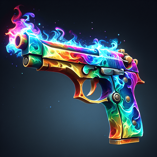 Pistol made of gaseous rainbow colored magic energy..
Single Game Texture. In-Game asset. 2d. Blank background. High contrast. No shadows.