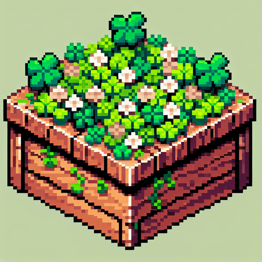 pixel art of a wood counter full of 4 leaf clovers.
front face view