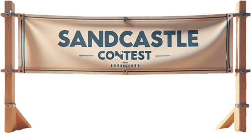 front view of a elongated horizontal banner on beach sand with text : "Sandcastle Contest"..
photorealistic