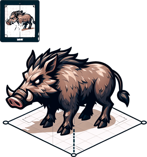 wild boar, facing left, no background.
Single Game Texture. In-Game asset. 2d. Blank background. High contrast. No shadows.