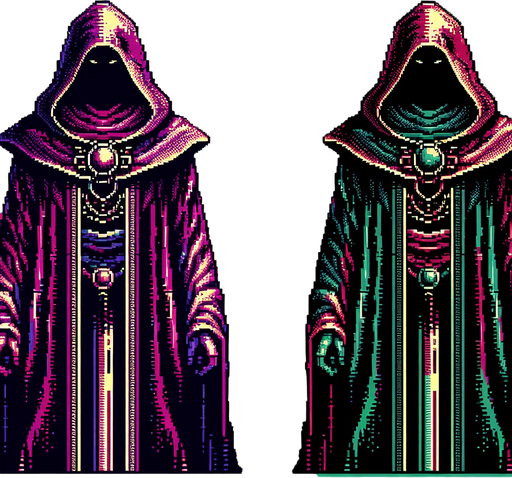 evil hooded wizard, full body, front facing, I want the art style to reflect a classic 16-bit retro pixel art aesthetic, reminiscent of early 1990s RPGs with vibrant colors..
Single Game Texture. In-Game asset. 2d. Blank background. High contrast. No shadows.