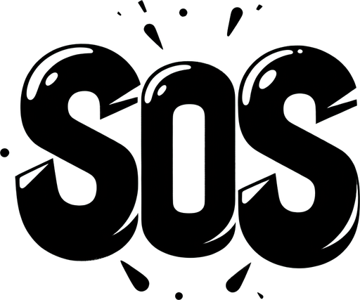 Create a close-up cartoon-style illustration of the  letters "sos" in black.
Single Game Texture. In-Game asset. 2d. Blank background. High contrast. No shadows.