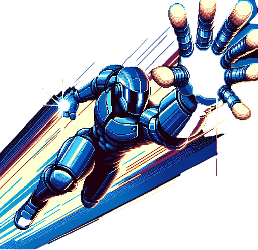 a blue iron man style armor flying.
Retro gaming style