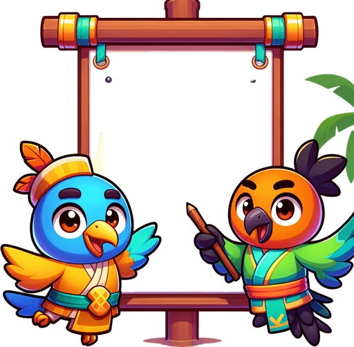 Create a cartoon-style illustration of two birds holding an empty banner by their feet. The goal is to capture a lively and playful location..
Single Game Texture. In-Game asset. 2d. Blank background. High contrast. No shadows.