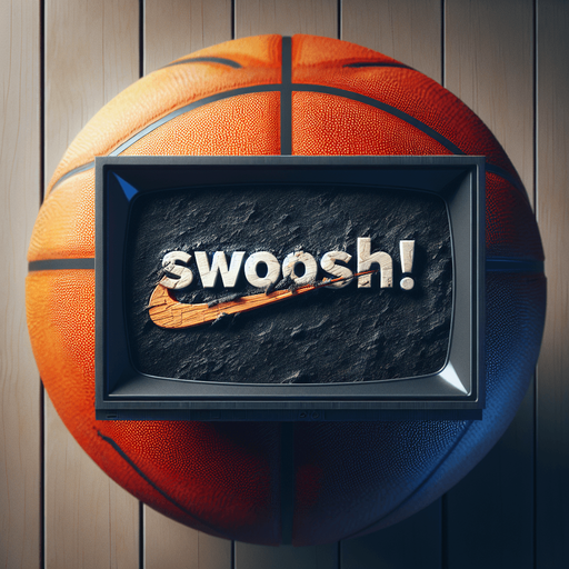 Text announcing 'Swoosh!'.
Basketball. Text only. Tv style ad.