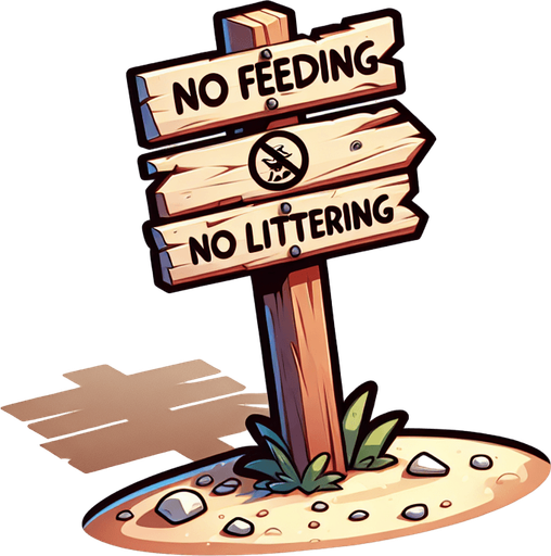 Create a cartoon-style illustration of a wooden no feeding and no littering sign on a sandy stake..
Single Game Texture. In-Game asset. 2d. Blank background. High contrast. No shadows.