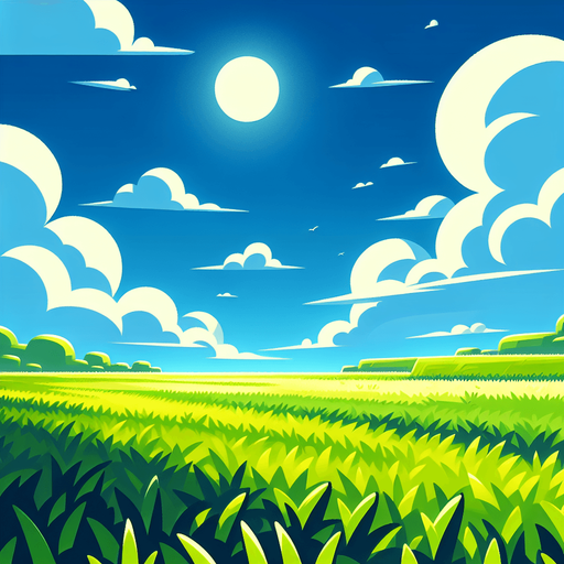 A grassy field with a bright blue sky.
In-Game asset. 2d. High contrast. No shadows.