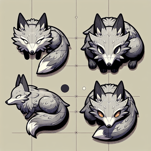 a fox with its skull visible on its right side of its head and grey fur with a pale orange on its eyes.
Single Game Texture. In-Game asset. 2d. Blank background. medium contrast. No shadows. cartoony. birdside view. full body. not facing the camera