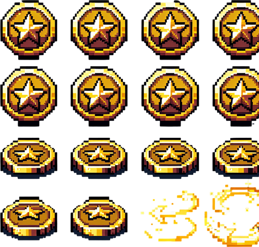 Create an 8-bit pixelated sprite sheet featuring a golden coin with a star symbol in the center. The coin should be viewed from multiple perspectives to create the illusion of spinning in place, with each frame showing slight rotational movement. The sprite sheet should include enough frames to produce a smooth spinning animation, with consistent shading and highlights to enhance the 3D effect of the coin rotating. The star symbol should remain centered and consistent throughout the animation, while the outer edges of the coin shift to reflect the spin..
Single Game Texture. In-Game asset. 2d. Blank background. High contrast. No shadows.