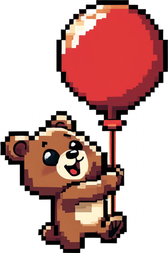 The same happy bear holding his read baloon, but this time with long golden blonde hair.