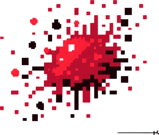 8 bit blood spatter. cartoon. Single Game Texture. In-Game asset. 2d. Blank background. High contrast. No shadows.