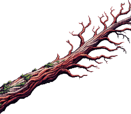 pixelart. A long horizontally growing  branch grown from a redwood tree. The tree itself should not be included in the image, only the branch..
Single Game Texture. In-Game asset. 2d. Blank background. High contrast. No shadows.