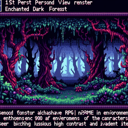 evil enchanted dark forest background, 1st person perspective, I want the art style to reflect a classic 16-bit retro pixel art aesthetic, reminiscent of early 1990s RPGs with vibrant colors..
Single Game Texture. In-Game asset. 2d. Blank background. High contrast. No shadows.