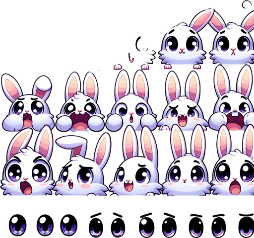 A spritesheet of cute happy and very silly-looking rabbits staring wideeyed at the camera..
Single Game Texture. In-Game asset. 2d. Blank background. High contrast. No shadows.