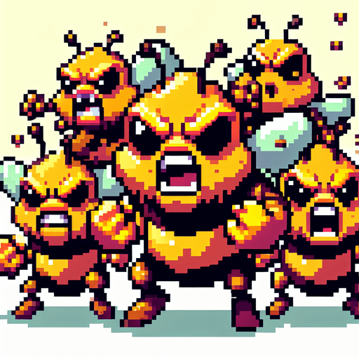 pixel art. some angry bees..
Single Game Texture. In-Game asset. 2d. Blank background. High contrast. No shadows.