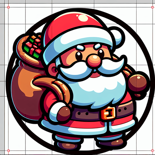 Circular Santa, with gifts on his back. Cartoon. Single Game Texture. In-Game asset. 2d. Blank background. High contrast. No shadows.