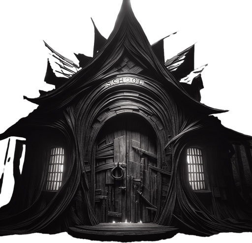 By night, in a gloomy forest,a Facade of a dark, partly ruined ancient and twisted witch house with a big wooden door and a metal entrance arch where it's written "SCHOOL" in illuminated letters...