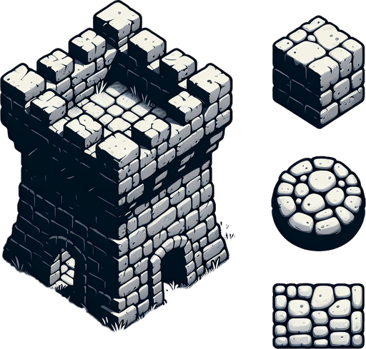 a medieval style stone tower. top down view. Single Game Texture. In-Game asset. 2d. Blank background. High contrast. No shadows.