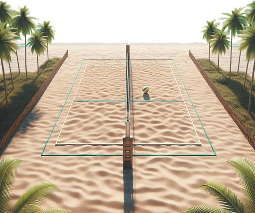 ground lateral view of a beach volley court on sand but without a net. palm trees on the sides. emrald beach on the background. clear sky.
NO BALL. NO NET. NO SUN.NO GLARE. Photorealsitic. symetrical.