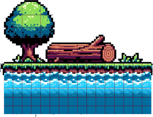 8 bit. cartoon. tree log. floating in the water.  in game asset. no background. Single Game Texture. In-Game asset. 2d. Blank background. High contrast. No shadows.