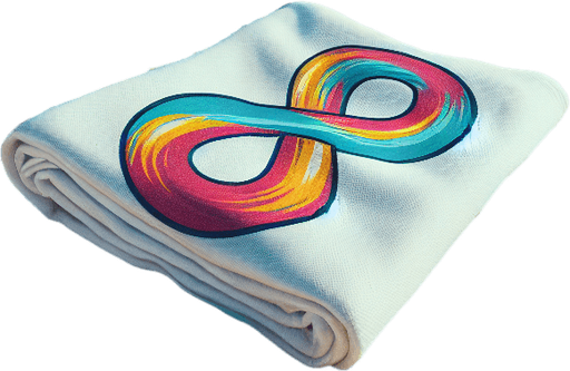 full view of a Beach white towel with colored infinte logo. placed on the sand.
photo