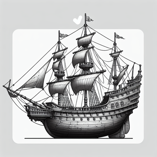 pirate caravel, side view, black and white,.
Single Game Texture. In-Game asset. 2d. Blank background. High contrast. No shadows.