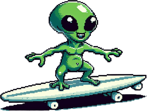 pixelart. a cool green alien in side perspective, surfing on a surfboard, arms out wide for balance. the alien should have a determined grin on his face, but not be scary looking. the alien should be green but could have multiple eyes, tentacles, or other unexpected features..
Single Game Texture. In-Game asset. 2d. Blank background. High contrast. No shadows.