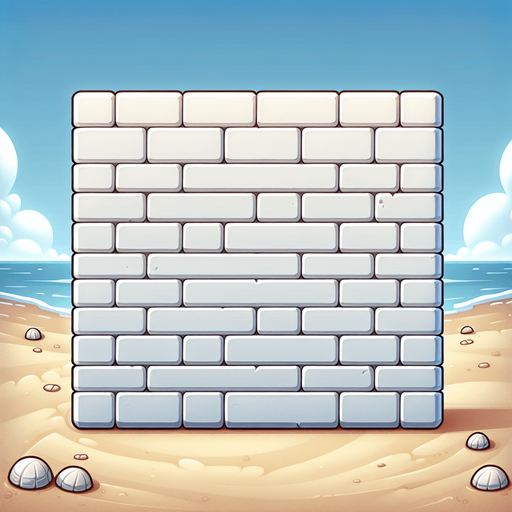 Create a cartoon-style illustration of a white wall of bricks on a beach.
Single Game Texture. In-Game asset. 2d. Blank background. High contrast. No shadows.