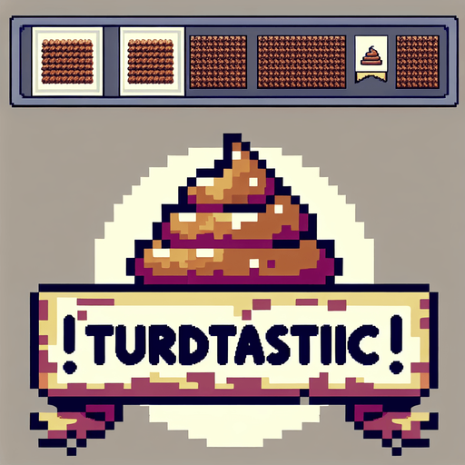 text saying "Turdtastic!" against a turd banner. pixelated. 8-bit.
Single Game Texture. In-Game asset. 2d. Blank background. High contrast. No shadows.