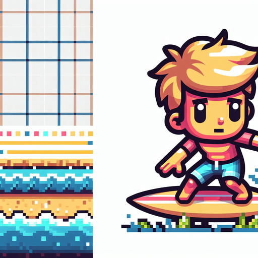 8 bit. cartoon. surfer. ingame asset. surfing. no surfboard. Single Game Texture. In-Game asset. 2d. Blank background. High contrast. No shadows.