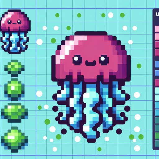 8bit. cartoon. jellyfish..
Single Game Texture. In-Game asset. 2d. Blank background. High contrast. No shadows.