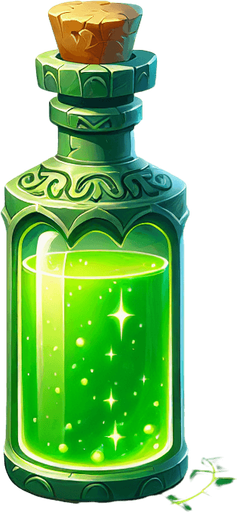 potion magique verte.
Single Game Texture. In-Game asset. 2d. Blank background. High contrast. No shadows.